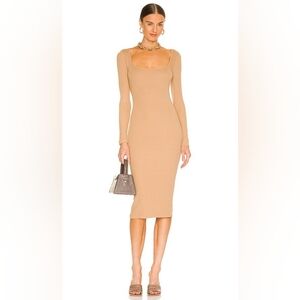 MONROW Ribbed Bodycon Dress XS Square Neck Long Sleeve Tan Midi NWT